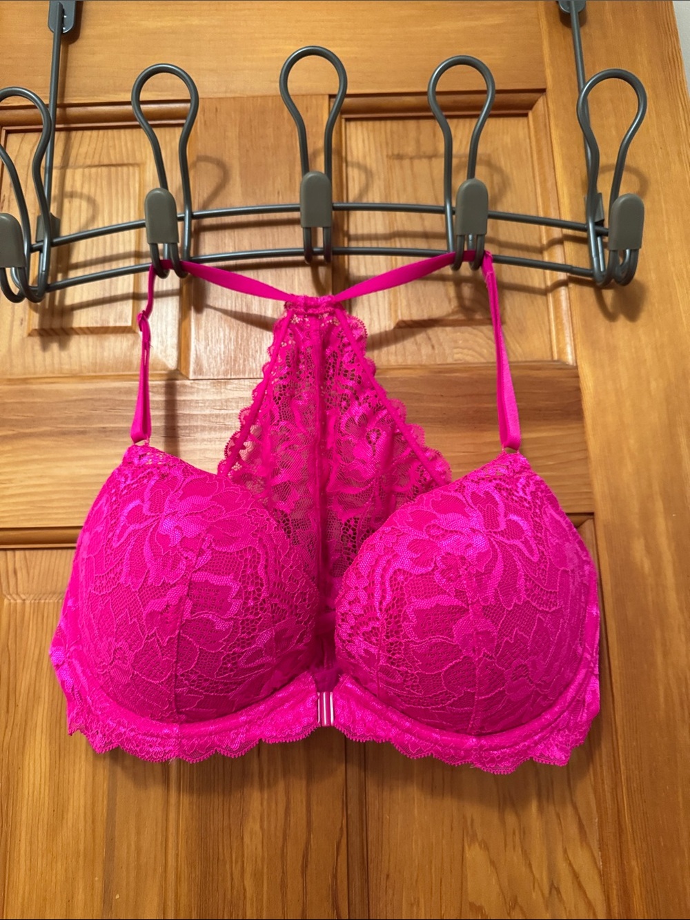 PINK Victoria's Secret Hot Pink Lace Racerback Padded Underwire Bra